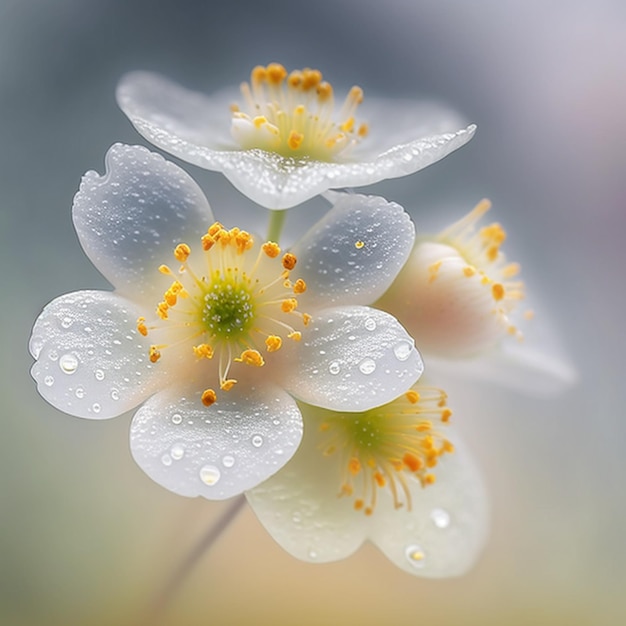 Há duas flores brancas com centros amarelos e gotas de água generativas ai