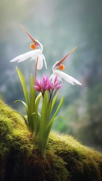 há duas flores brancas que estão crescendo em uma colina coberta de musgo gerando IA