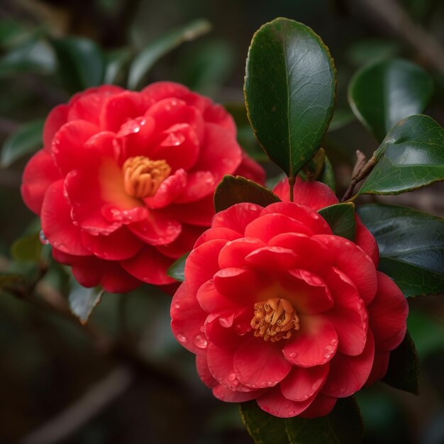 Foto há duas flores vermelhas que estão florescendo em uma árvore generativa ai