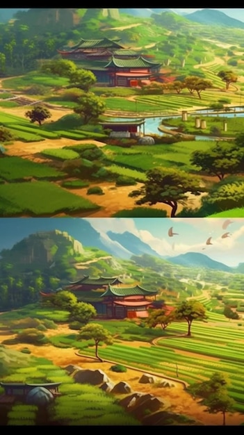 Há duas fotos de uma paisagem com uma montanha e um rio generativo ai