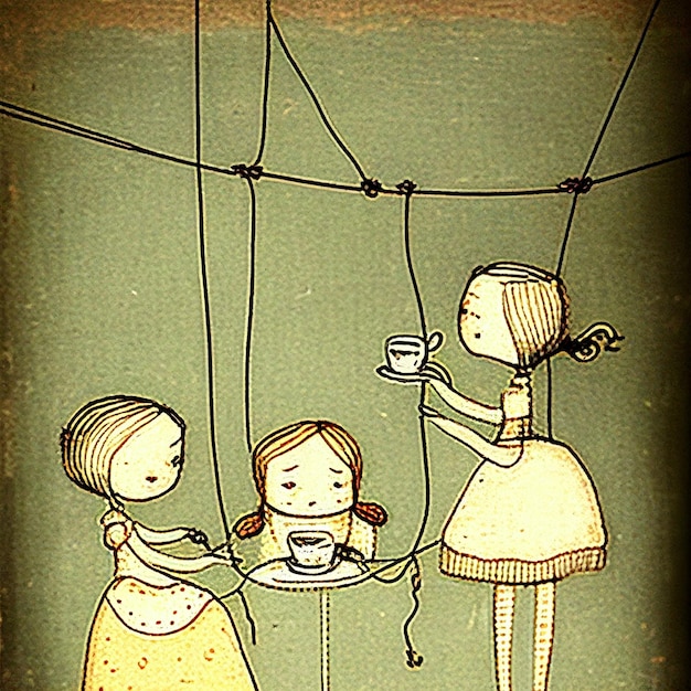 há duas garotas penduradas em cordas com uma xícara de café ai generativa