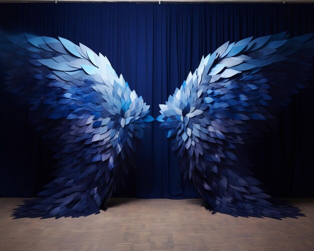 Há duas grandes asas azuis que estão em exibição.