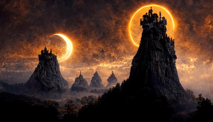 Foto há duas grandes torres com uma lua no céu ai generativa