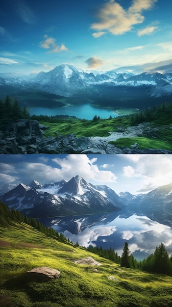 Há duas imagens de uma montanha e um lago na mesma imagem generativa ai