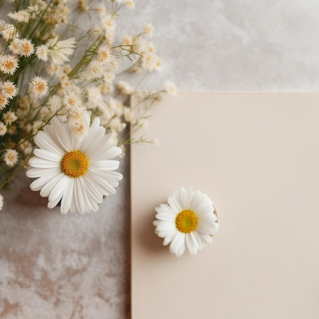 há duas margaridas e um papel em branco sobre uma mesa generativa ai