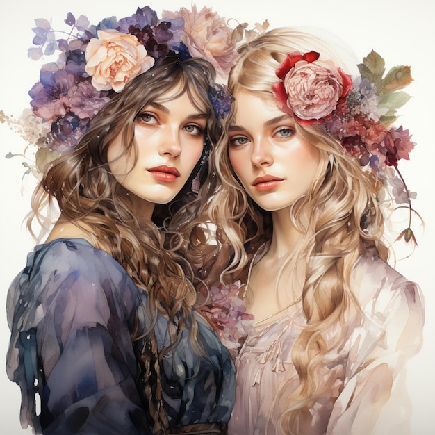 Há duas mulheres bonitas com flores no cabelo generativo ai