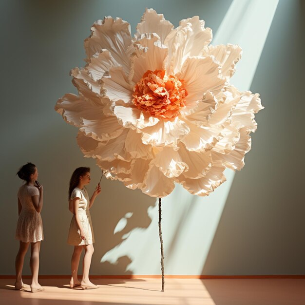 há duas mulheres em frente a uma grande flor generativa ai