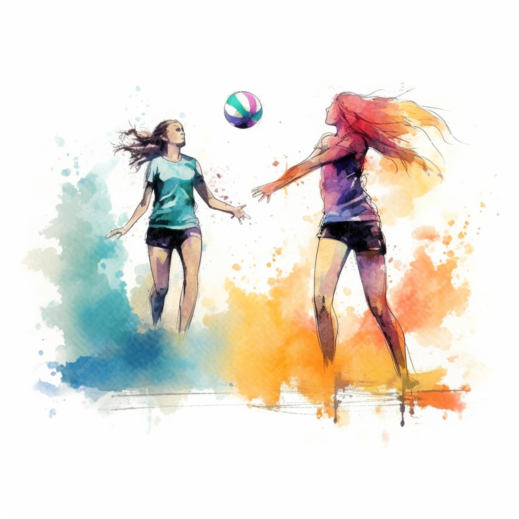 jogadores de vôlei abstratos, duas meninas jogando vôlei, jogos de esportes  femininos. conceito de jogo de bola. 2 mulheres jogam vôlei com bola e  rede. gráficos vetoriais planos na moda 6036673 Vetor