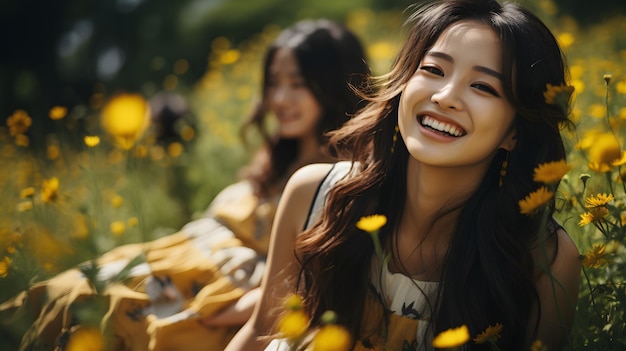 há duas mulheres sentadas em um campo de flores amarelas IA generativa