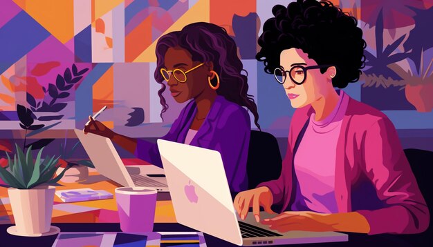 Foto há duas mulheres sentadas em uma mesa com laptops ia generativa