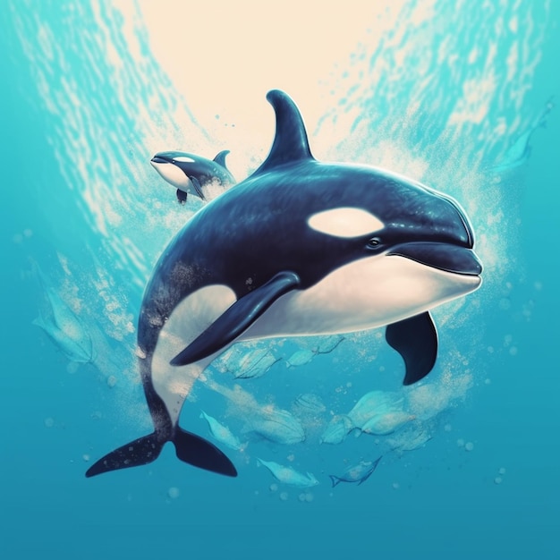 Há duas orcas a nadar no oceano juntas.