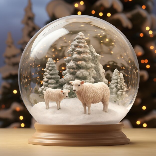 Foto há duas ovelhas num globo de neve com uma árvore de natal ao fundo.