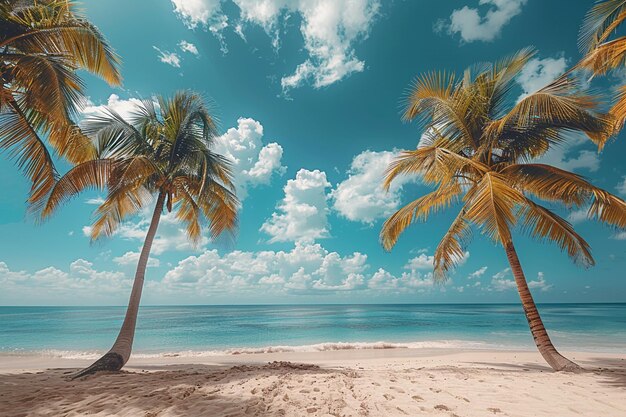 Há duas palmeiras na praia com um céu azul generativo ai