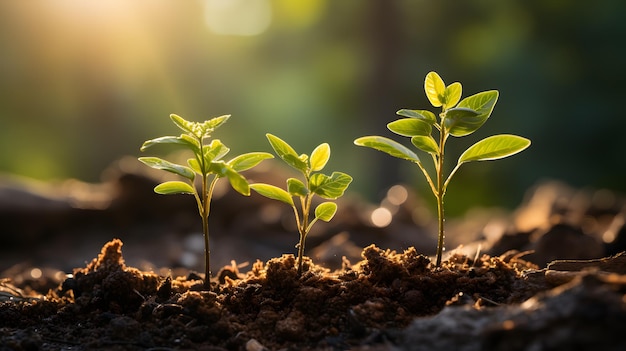 Há duas pequenas plantas crescendo da terra. IA generativa.