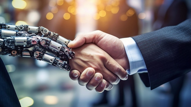 Há duas pessoas apertando as mãos de um robô em segundo plano generativa ai