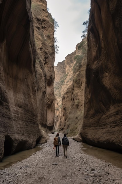 Há duas pessoas caminhando por um desfiladeiro estreito no deserto generativo ai