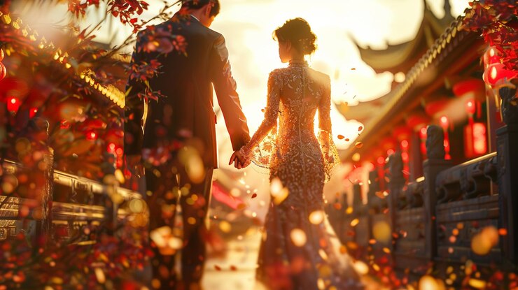 Foto há duas pessoas de mãos dadas num pátio com flores vermelhas.
