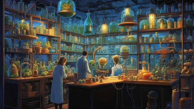 há duas pessoas em um laboratório de ciências com muitos potes de vidro gerativos de IA