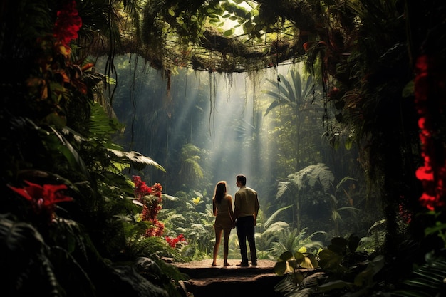há duas pessoas paradas em uma selva olhando para a IA geradora do sol