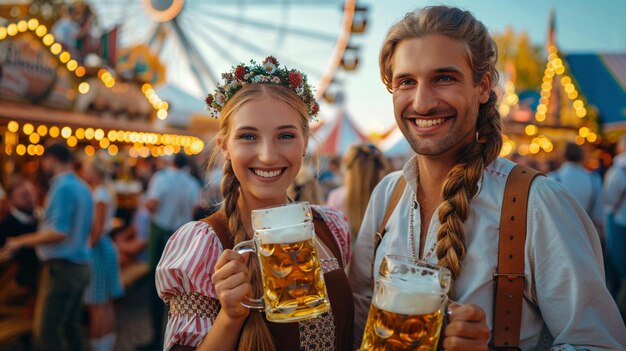 Foto há duas pessoas que estão segurando copos de cerveja em suas mãos.