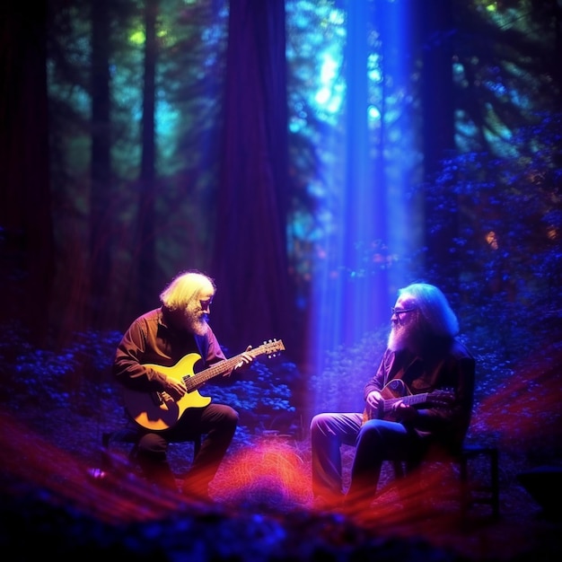 Há duas pessoas sentadas em uma floresta tocando guitarras generativas ai