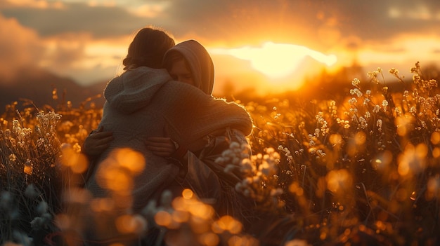 Foto há duas pessoas sentadas num campo de flores ao pôr-do-sol.