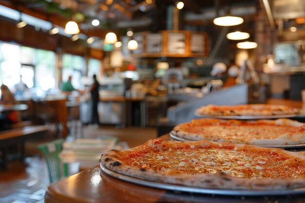 Foto há duas pizzas na mesa no restaurante.