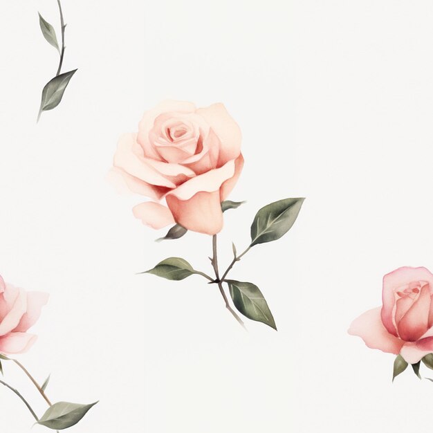 Foto há duas rosas cor de rosa em um fundo branco com folhas verdes generativas ai