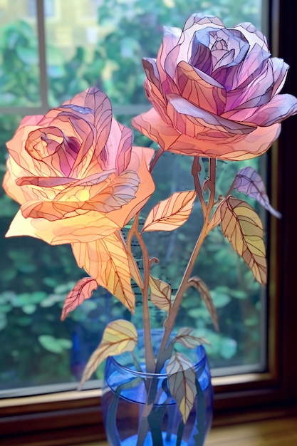 há duas rosas em um vaso em uma mesa perto de uma janela generativa ai