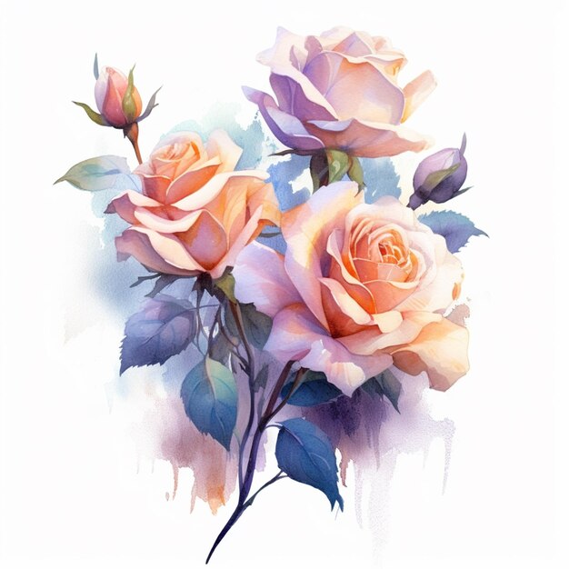 Há duas rosas que são pintadas em aquarela em um fundo branco generativo ai