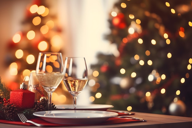 há duas taças de vinho em uma mesa com uma árvore de natal ao fundo IA generativa