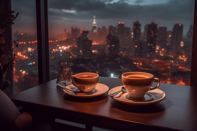 há duas xícaras de café em uma mesa com vista para a cidade generativa ai