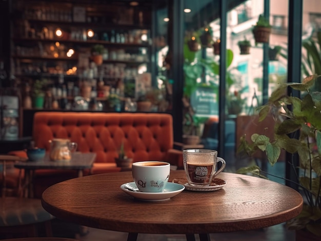 Foto há duas xícaras de café em uma mesa em um restaurante generativo ai