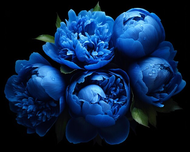 há flores azuis que estão em um fundo preto ai generativo