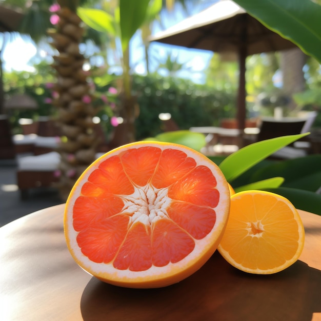 Há laranja Sunkist fresca na mesa do café.