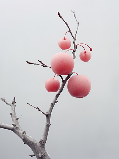 há maçãs cor-de-rosa em um galho de árvore com um céu cinzento no fundo generativo ai