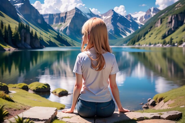 Há montanhas e água limpa do lago sob o fundo do papel de parede da bela paisagem do céu azul