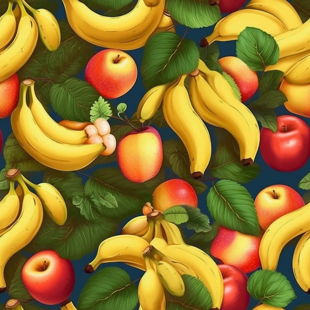 Há muitas bananas e maçãs em um fundo azul generativo ai