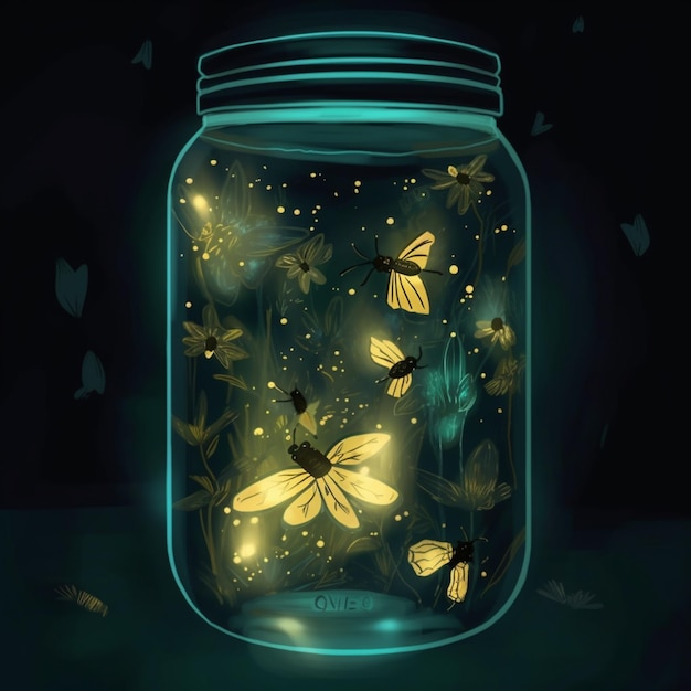 há muitas borboletas amarelas em uma jarra com uma luz generativa ai
