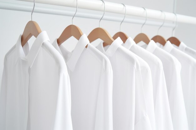 Há muitas camisas brancas penduradas em um trilho generativo ai