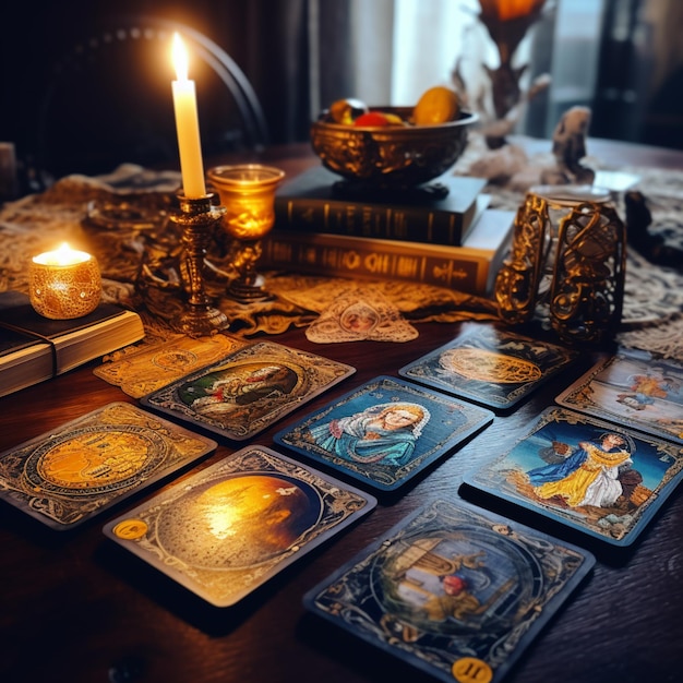 Há muitas cartas na mesa com velas e uma vela generativa ai