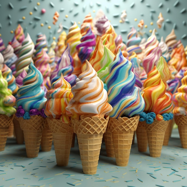 há muitas casquinhas de sorvete de cores diferentes seguidas, geração de IA
