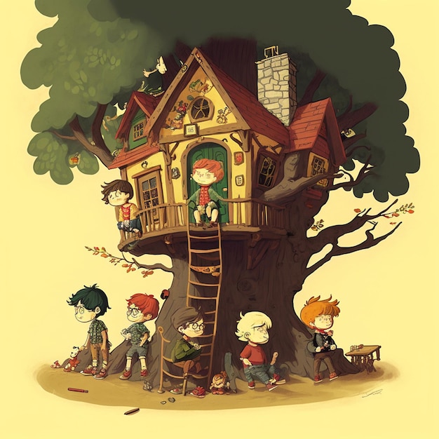 há muitas crianças em frente a uma casa na árvore generativa ai