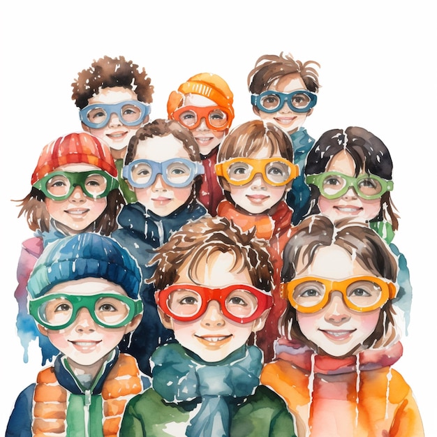 há muitas crianças usando óculos de proteção, chapéus e lenços IA generativa