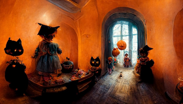 Há muitas decorações de halloween nesta sala com uma menininha generativa ai