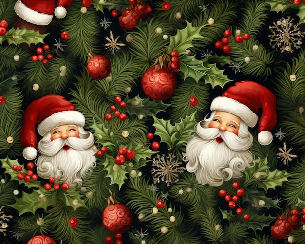 Foto há muitas decorações de natal na árvore com o papai noel generativo ai
