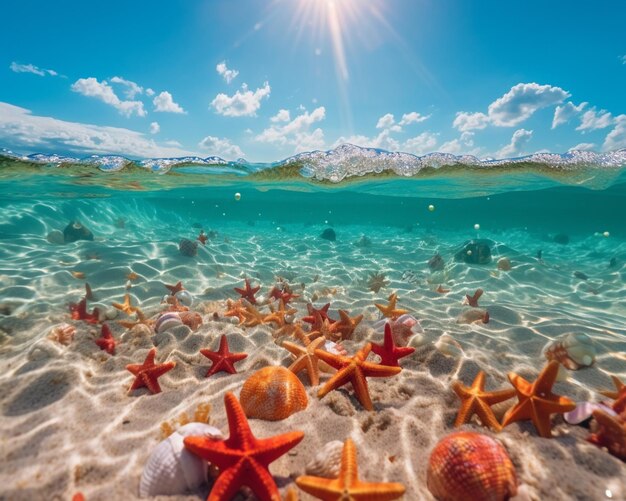 Foto há muitas estrelas do mar e conchas na areia do oceano gerador de ia