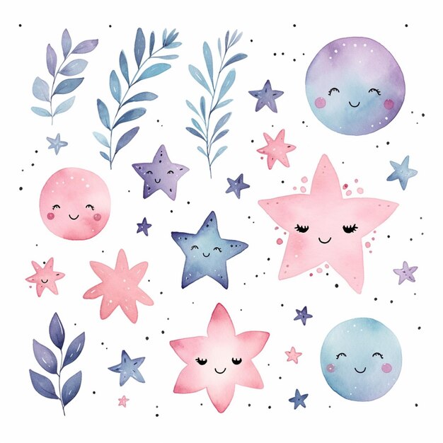 Há muitas estrelas e luas de aquarela diferentes neste fundo branco.