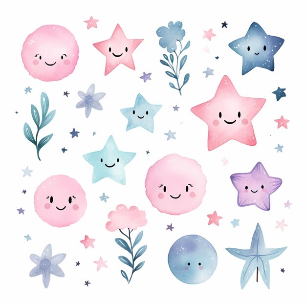 Há muitas estrelas e nuvens de aquarela diferentes neste fundo branco.