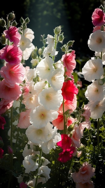 há muitas flores brancas e rosa no jardim generativo ai